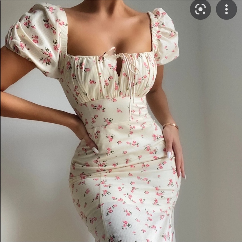 Floral Puff-Sleeve Midi Dress - Cream with Pink Rose Print